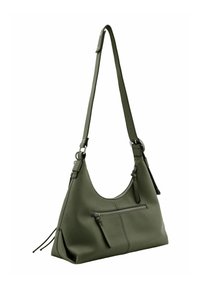 Sac à épaule en cuir vert avec une forme incurvée, une bandoulière réglable, une poche zippée à l'avant et des pompons décoratifs sur les côtés. Fini texturé.