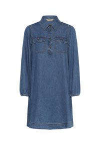 Denima kleita ar garām puff piedurknēm, pogu aizdari priekšā un divām krūšu kabatām. Iezīmē klasisku apkakli un nedaudz pielāgotu siluetu.