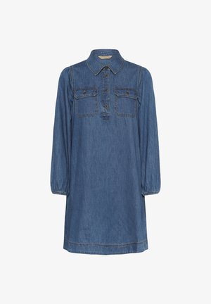 Denimkleid mit langen Puffärmel, Knopfverschluss vorne und zwei Brusttaschen. Es hat einen klassischen Kragen und eine leicht taillierte Silhouette.