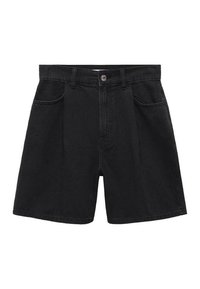 Mustat farkkushortsit, joissa on korkea vyötärö, nappikiinnitys, lessut edessä ja sivutaskut lisäämään toimivuutta.