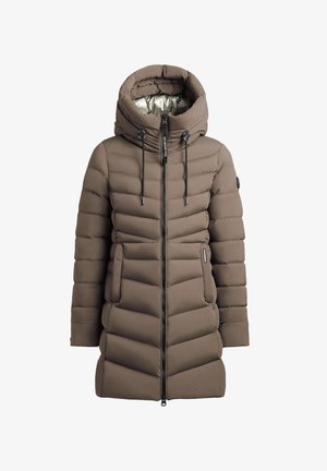 Bruine pufferjas met een hoge kraag, lange mouwen, een ritssluiting aan de voorkant en patchzakken. Heeft een gewatteerd ontwerp en een capuchon met trekkoord.