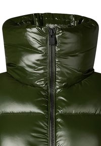 Olijfgroene pufferjack met een hoge kraag, glanzende afwerking en centrale rits. Beschikt over gestikte secties voor isolatie.