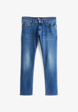 Kék, slim fit farmernadrág enyhe kopással a combokon, elöl cipzárral, gombos záródással, és öt zsebes kialakítással, beleértve egy kis logózott zsebet.