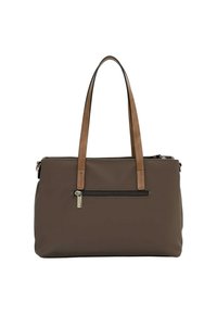 Bolso rectangular marrón con dos correas de hombro marrón claro y un bolsillo frontal con cremallera y tira metálica.