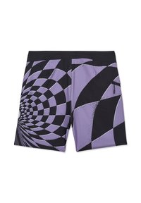 Shorts pour hommes avec un motif à damier tourbillonnant noir et violet et une petite poche zippée sur le côté droit.