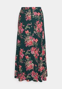 Saia floral em tecido verde-escuro com flores vibrantes em tons de rosa e vermelho. Design em A-line com um formato fluido e textura suave.