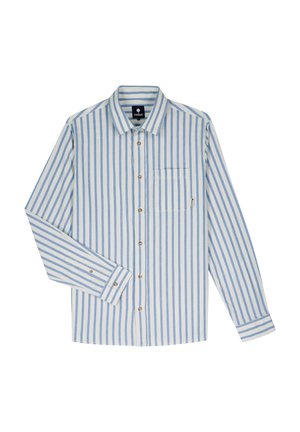 Striped button-up shirt in light blue and white, featuring a chest pocket, brown buttons, and long sleeves with buttoned cuffs.