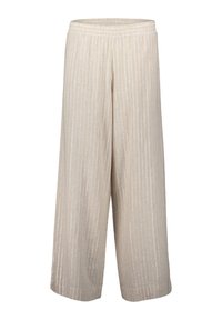 Beżowe spodnie z szerokimi nogawkami w białe pionowe paski, wykonane z fakturowanej tkaniny, z elastycznym paskiem w talii i luźnym, swobodnym krojem.