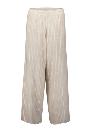Beige Hosen mit weitem Bein und weißen vertikalen Streifen, aus einem strukturierten Stoff gefertigt, mit einem elastischen Bund und einer lockeren, fließenden Silhouette.