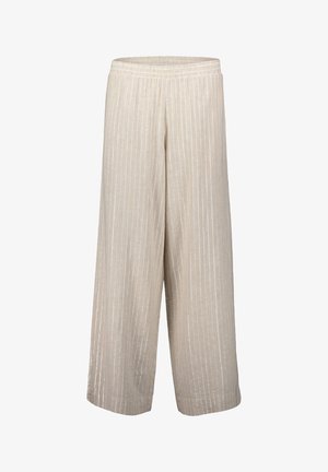 Pantalons beiges à jambe large avec des rayures verticales blanches, fabriqués à partir d'un tissu texturé, dotés d'une taille élastique et d'une silhouette ample et fluide.