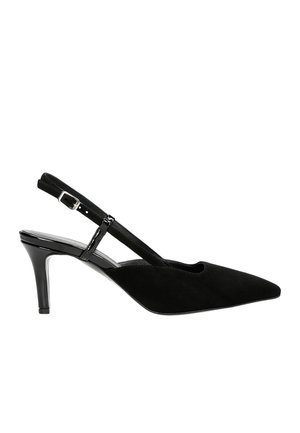 Scarpe con tacco alto nere a slitta in suede, con punta affilata, cinturino regolabile e tacco in vernice lucida.