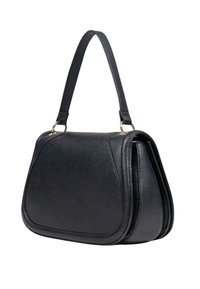 Borsa a mano nera in pelle con forma strutturata, dotata di un manico singolo e dettagli in metallo dorato. Superficie testurizzata con sottili dettagli di grana.