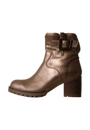 Bottine en cuir métallisé marron avec talon épais, bride latérale à boucle et semelle robuste.
