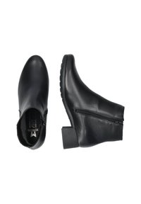 Bottines en cuir noir avec un bout arrondi, fermeture éclair et un talon carré texturé. Fini lisse sans motifs visibles.
