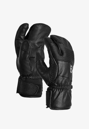 Schwarze Lederhandschuhe mit strukturiertem Design, versehen mit gerippten Akzenten und einem verstellbaren Riemen für einen sicheren Sitz. Auffällige Steppnähte.