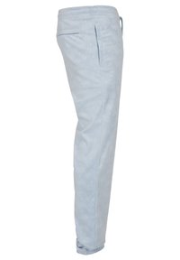 Light blue pants with a subtle pattern, elastic waistband, and cuffed ankles. Features a side pocket for convenience.