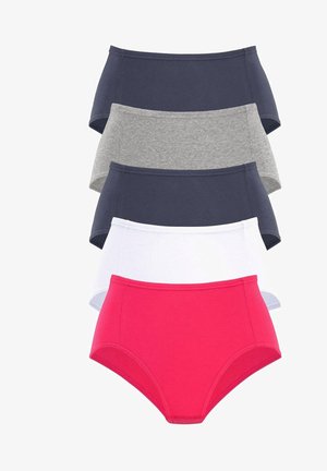 Pieci pāri augstākās jostas daļas kokvilnas sieviešu apakšveļas tumši zilos, pelēkos, baltos un rozā toņos. Audums ir ribots ar elastīgām jostas daļām.