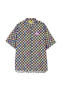 Chemise à manches courtes avec un motif à carreaux en noir, bleu, vert, violet et pêche, avec un petit patch logo sur la poitrine.