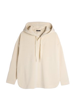 Cream-colored hooded sweatshirt with a soft texture, drawstring, and side pockets. Features a relaxed fit and rounded hem.