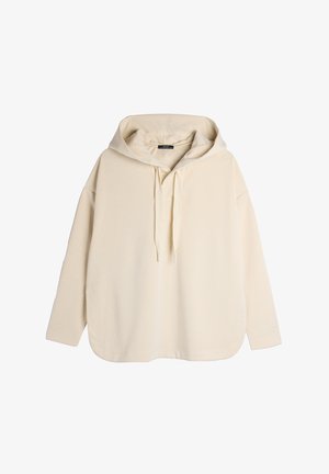 Sweatshirt cu glugă de culoare crem, cu o textură moale, şnur de ajustare și buzunare laterale. Are o croială lejeră și un tiv rotunjit.