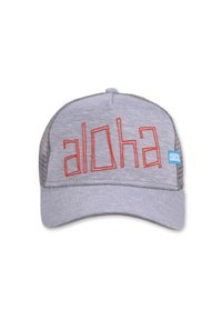 Cappello grigio con retro in rete, con il testo rosso ricamato "aloha" sul davanti. Cinghietta regolabile, visiera arrotondata e una piccola etichetta blu.