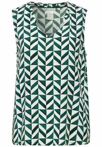 Ärmlös topp med V-ringning, prydd med ett geometriskt mönster i grönt och vitt, tillverkad av ett lätt material och har en avslappnad passform.