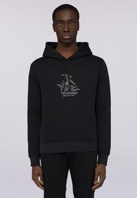 Czarna bluza z kapturem z kieszenią z przodu, z białym wzorem logo. Wykonana z miękkiego materiału, ma sznurek przy kapturze oraz ściągacze przy rękawach.