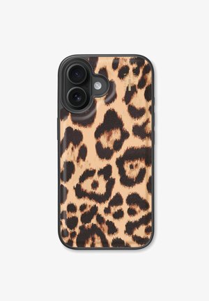 Funda de teléfono con estampado de leopardo en beige y negro. Textura suave con bordes redondeados y laterales antideslizantes negros. Aberturas para la cámara en la parte superior.