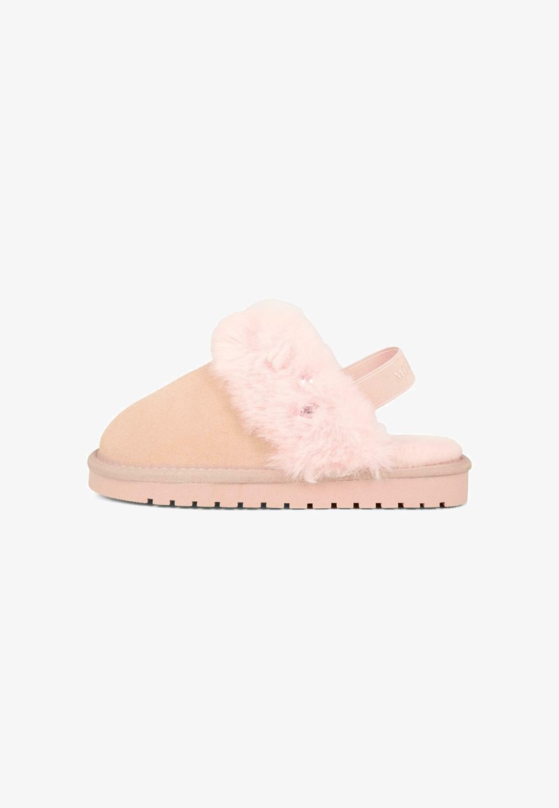 Lichtroze slippers met een zachte bovenkant van bont, suède zool en rubberen onderkant. Heeft een slingback ontwerp en een decoratieve accent op het bont.