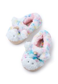 Pantofole di unicorno soffici con un motivo arcobaleno pastello. Esterno in peluche bianco, punta rotonda, dettaglio a forma di corno e suola in gomma.