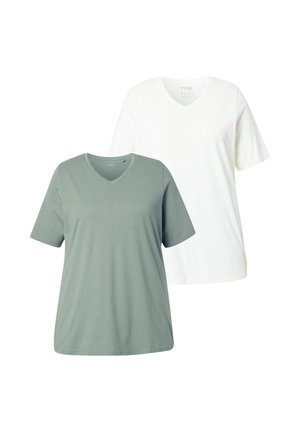 Zwei schlichte V-Ausschnitt T-Shirts mit kurzen Ärmeln, eines grau-grün vorne und eines weiß hinten, auf weißem Hintergrund dargestellt.