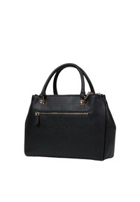 Borsa a mano in pelle nera con una forma strutturata, manici superiori e una tasca con zip sul davanti. Presenta dettagli in metallo dorato e una finitura testurizzata.