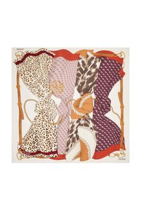 Foulard di seta con quattro sezioni decorative: stampa leopardata, paisley mauve, astratto marrone e geometrico bordeaux, con accenti in hardware dorato.