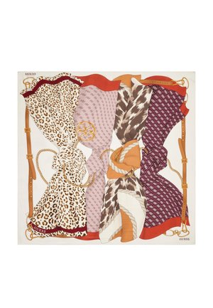 Foulard di seta con quattro sezioni decorative: stampa leopardata, paisley mauve, astratto marrone e geometrico bordeaux, con accenti in hardware dorato.