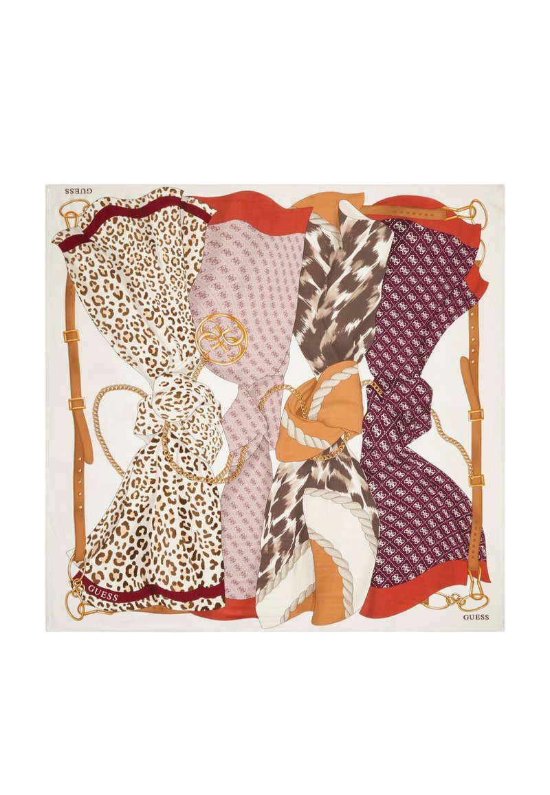 Foulard di seta con quattro sezioni decorative: stampa leopardata, paisley mauve, astratto marrone e geometrico bordeaux, con accenti in hardware dorato.