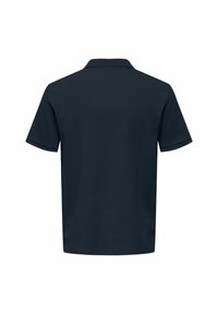 Dark navy short-sleeve polo shirt with a textured pattern and a collar. Features contrast stitching along the sleeves and collar.