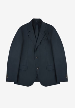 Granatowy żakiet o usztywnionym fasonie, z dwoma przednimi kieszeniami i trzema guzikami. Wykonany z gładkiej tkaniny o klasycznym designie ze szczeliną.