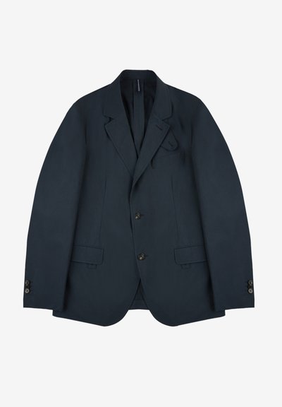 Blazer blu navy con una forma strutturata, due tasche frontali e tre bottoni. Realizzato in un tessuto morbido con un classico design a revers notch.