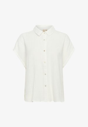 Fehér, rövid ujjú ing, könnyű anyagból készült, gombos elülső résszel, hegyes gallérral és laza szabással. Simább textúra, egyszerű dizájn.