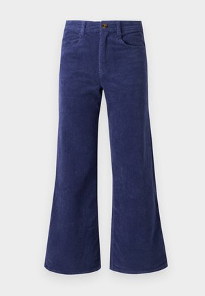 Pantaloni svasati in velluto a coste blu navy con una superficie testurizzata, dotati di tasche precedenti e chiusura a bottone in vita.