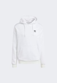Felpa bianca con cappuccio realizzata in morbido tessuto, dotata di tasca frontale, coulisse e un piccolo logo adidas nero sul petto.