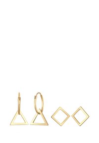 Goldohrringe-Set mit zwei Paaren: einem Paar mit dreieckigen Ringen und dem anderen mit quadratischen Steinen, beide mit einer polierten Oberfläche.