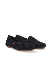 Schwarze Wildleder Slipper mit gestickten Details und einer Gummisohle. Mit einem kleinen dreifarbigen Akzent in der Nähe der Ferse. Entworfen für lässiges Tragen.