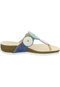 Flip-flop sandal with a cork sole, featuring a blue leather upper and multicolored spiral accents in green, cream, and pink.