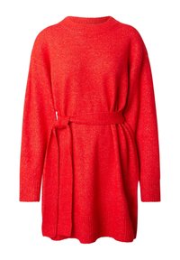 Rotes Strickkleid mit rundem Ausschnitt, langen Ärmeln und einem gebundenen Gürtel in der Taille. Verfügt über eine strukturierte Oberfläche und gerippte Bündchen.
