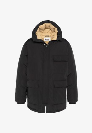 Sort isoleret parka med hætte, der har en beige inderside, frontlynlås, trykknaplukninger og to forreste lommer. Glat tekstur.