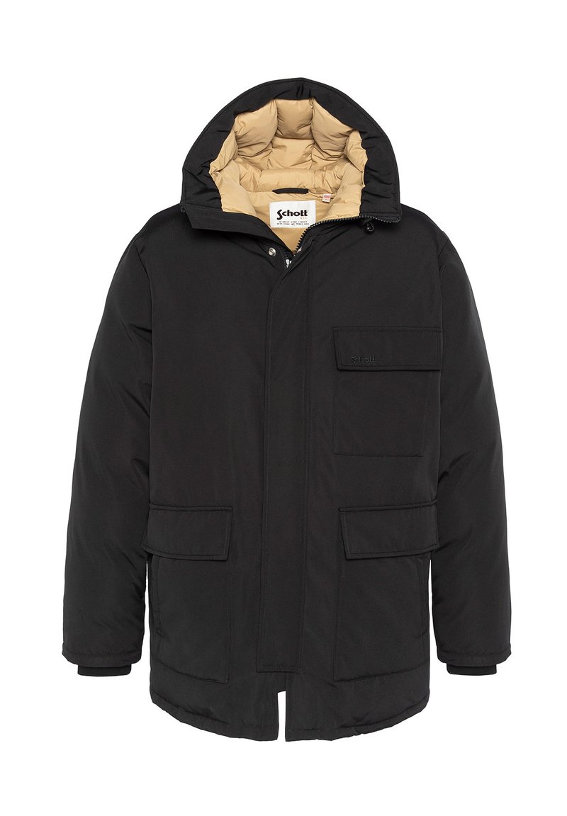 Sort isoleret parka med hætte, der har en beige inderside, frontlynlås, trykknaplukninger og to forreste lommer. Glat tekstur.