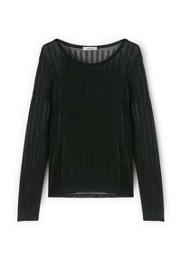 Schwarzes Langarmshirt mit einem strukturierten Design mit vertikalen, glänzenden Streifen und einem runden Ausschnitt. Hergestellt aus leichtem Stoff.