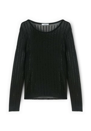 Maglietta nera a maniche lunghe con design strutturato, il cui motivo presenta strisce verticali lucide e un collo arrotondato. Realizzata in tessuto leggero.