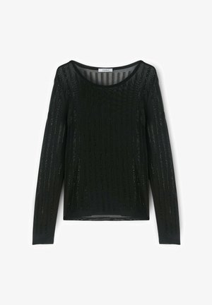 Musta pitkähihainen paita, jossa on teksturoitu muotoilu ja pystysuorat, kiiltävät raidat sekä pyöreä kaula-aukko. Valmistettu kevyestä kankaasta.